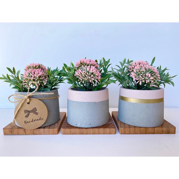 Set of 3 Artificial Pink Allium Flowers in Handmade Concrete Pot with Wood Tray - Picture 1 of 9